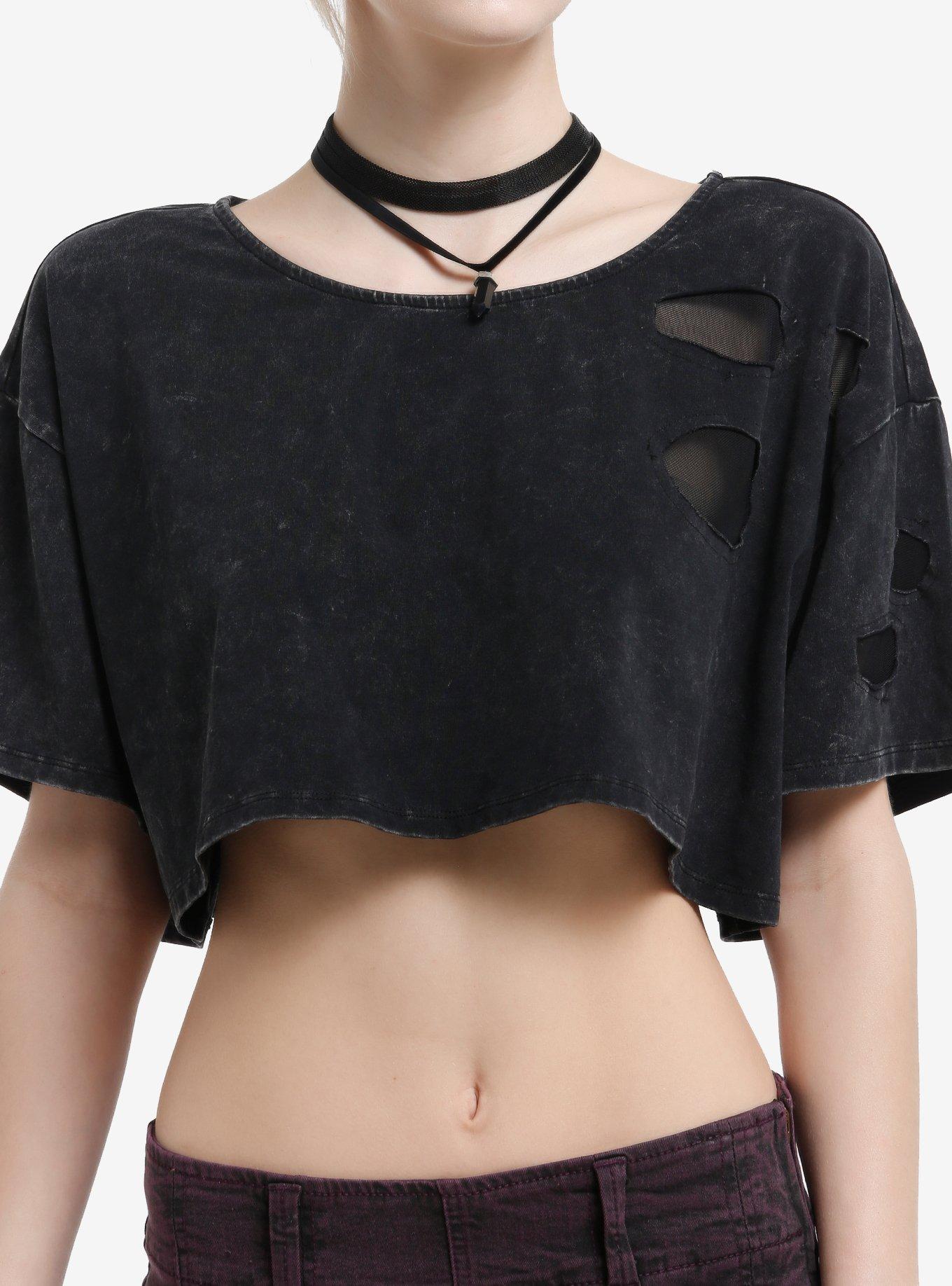 Cosmic Aura Black Fishnet Cutout Girls Crop T-Shirt