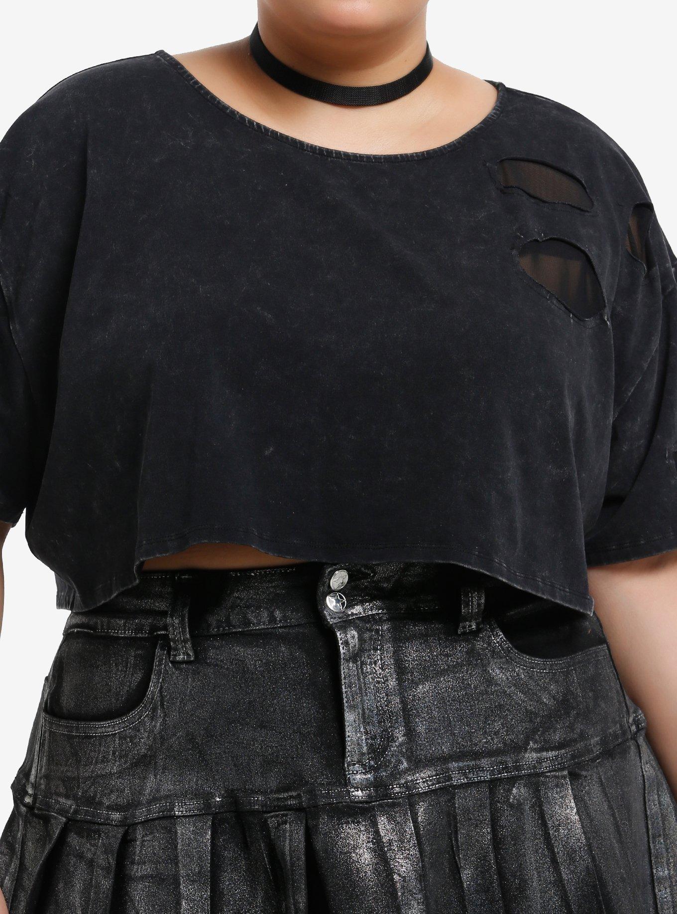 Cosmic Aura Black Fishnet Cutout Crop Girls T-Shirt Plus Size, , hi-res