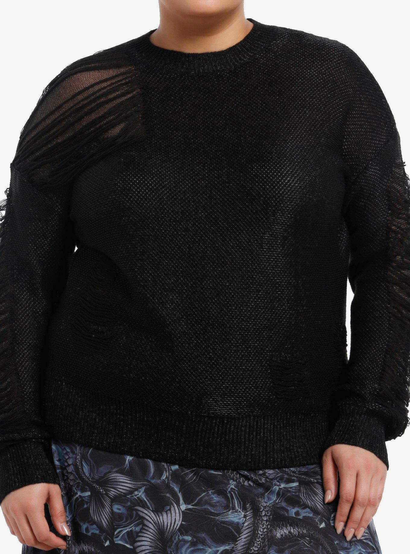 Cosmic Aura Black Lurex Destructed Girls Sweater Plus Size, , hi-res