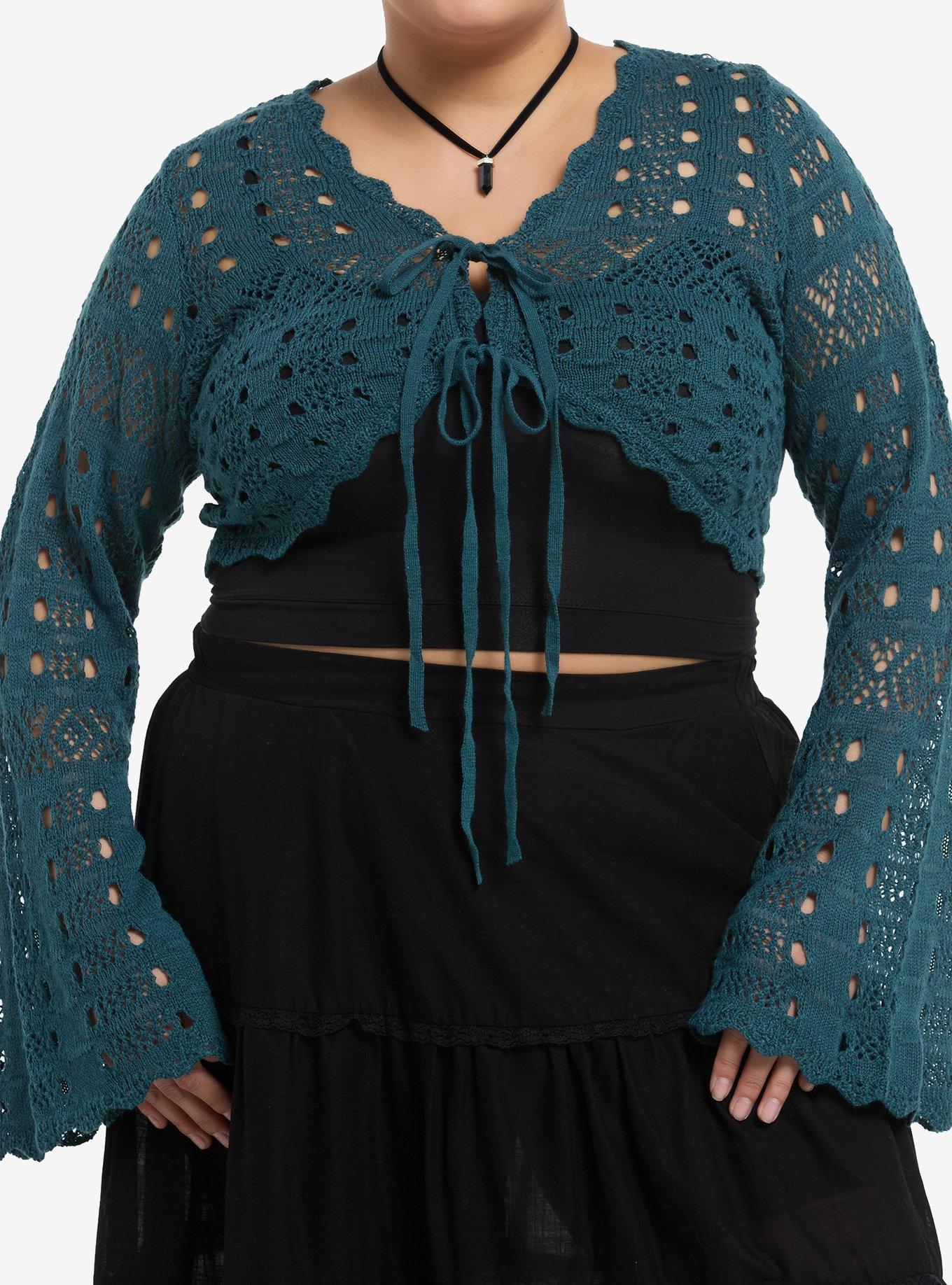 Cosmic Aura Teal Bell Sleeve Girls Crop Shrug Plus Size, , hi-res