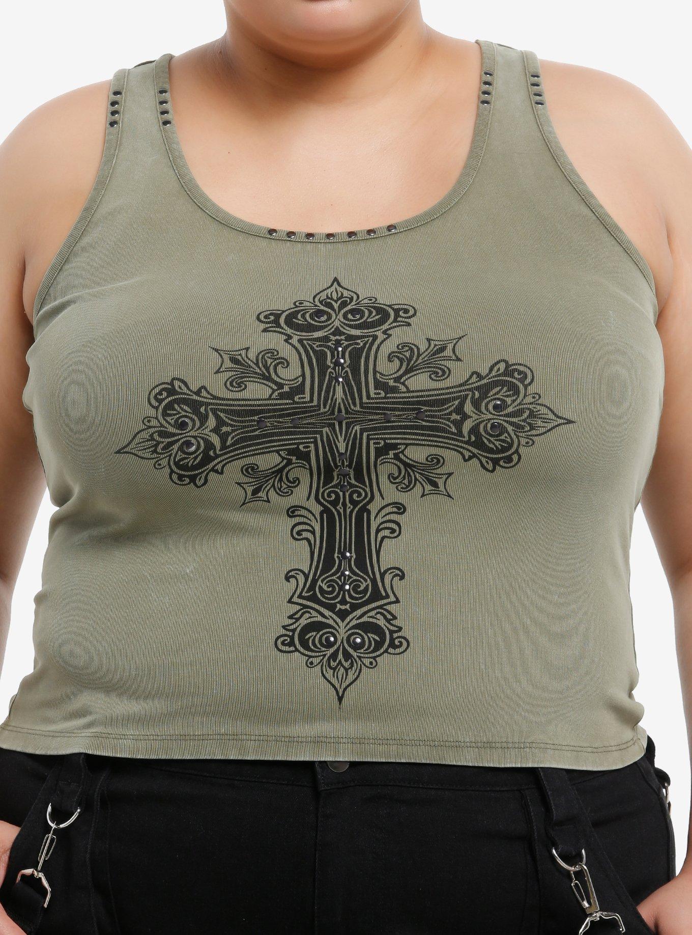 Green & Black Cross Stud Girls Tank Top Plus Size, , hi-res