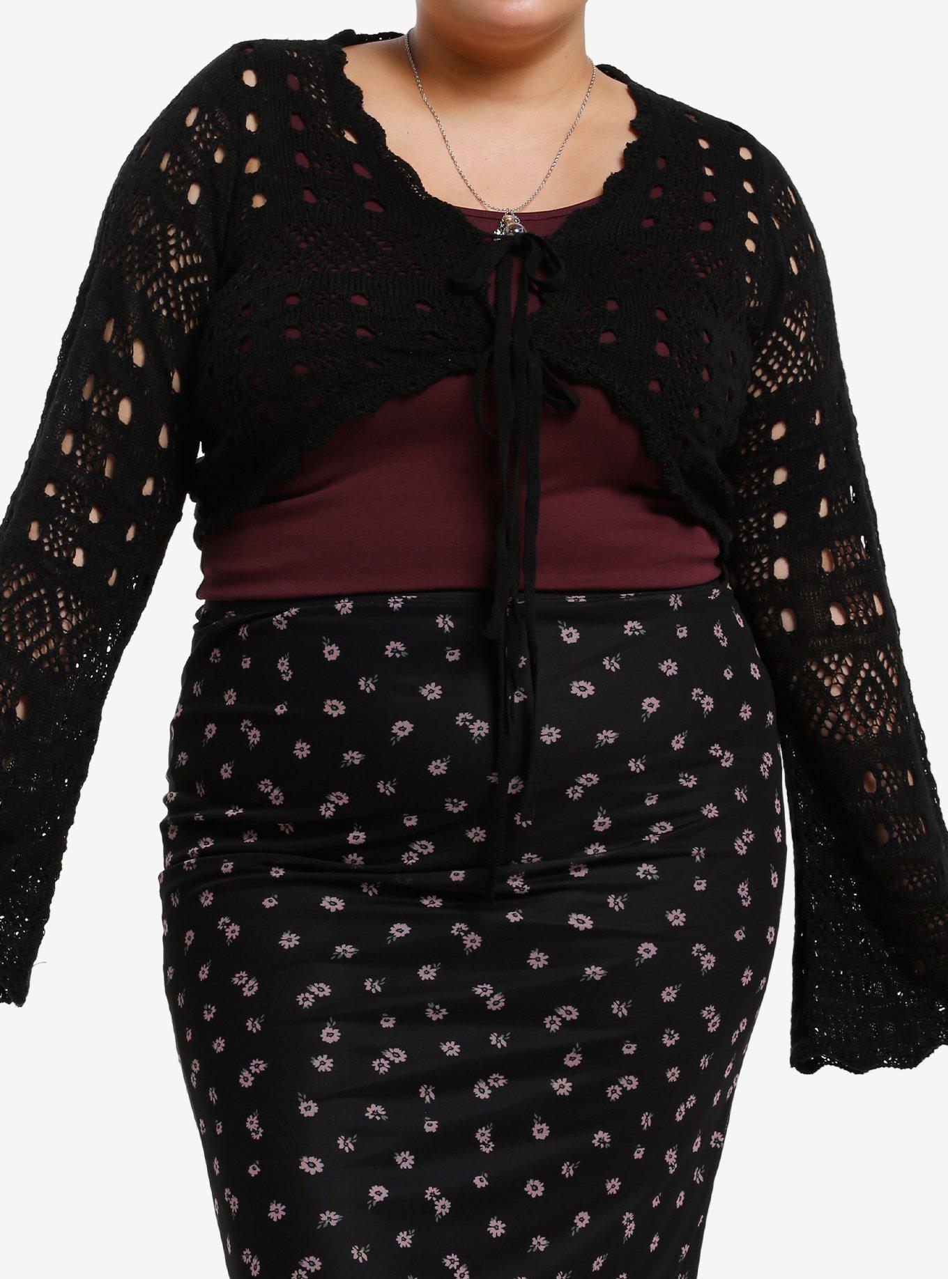 Cosmic Aura Black Bell Sleeve Girls Crop Shrug Plus Size, , hi-res