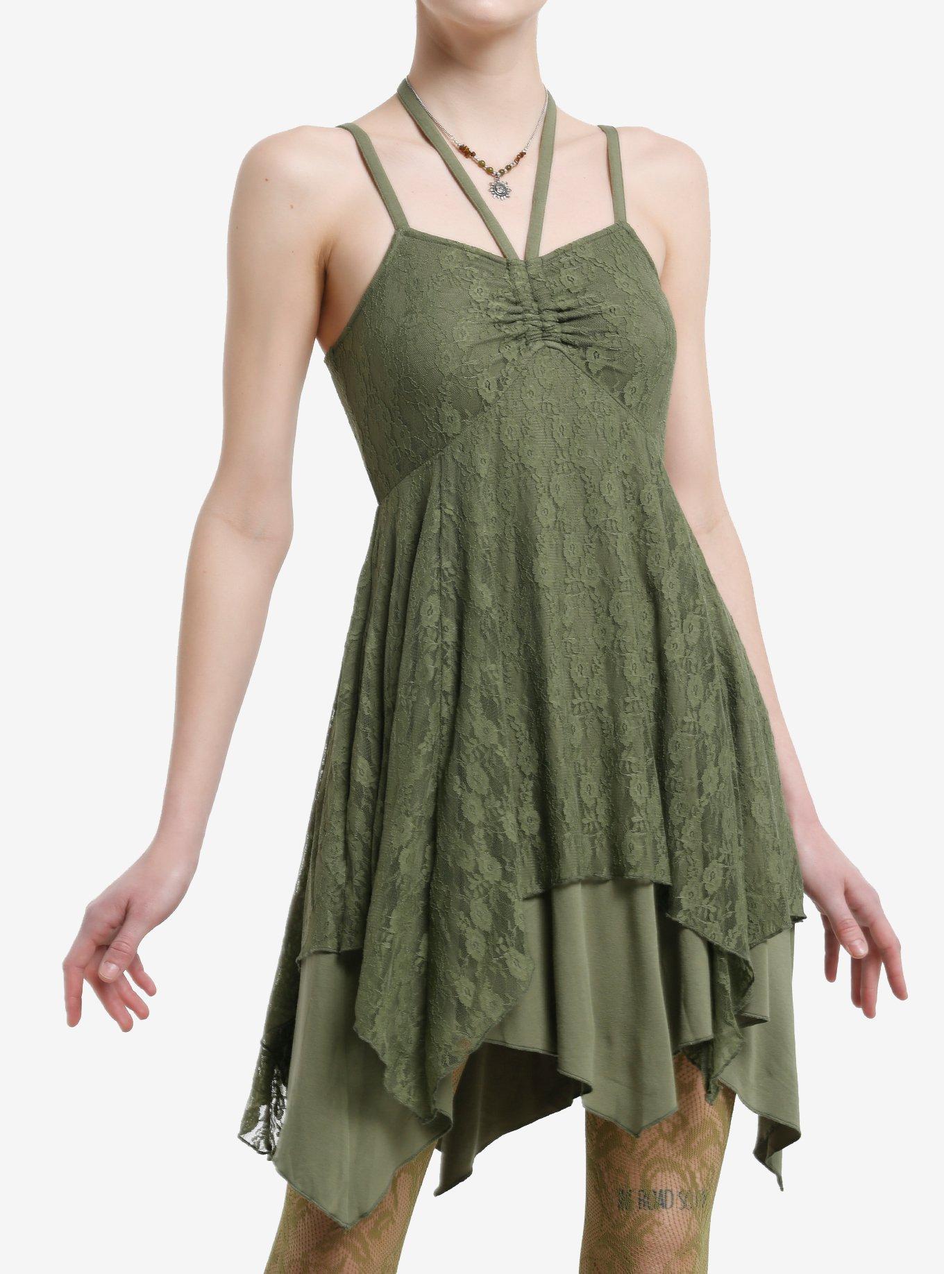 Thorn & Fable Green Lace Hanky Hem Halter Dress | Hot Topic