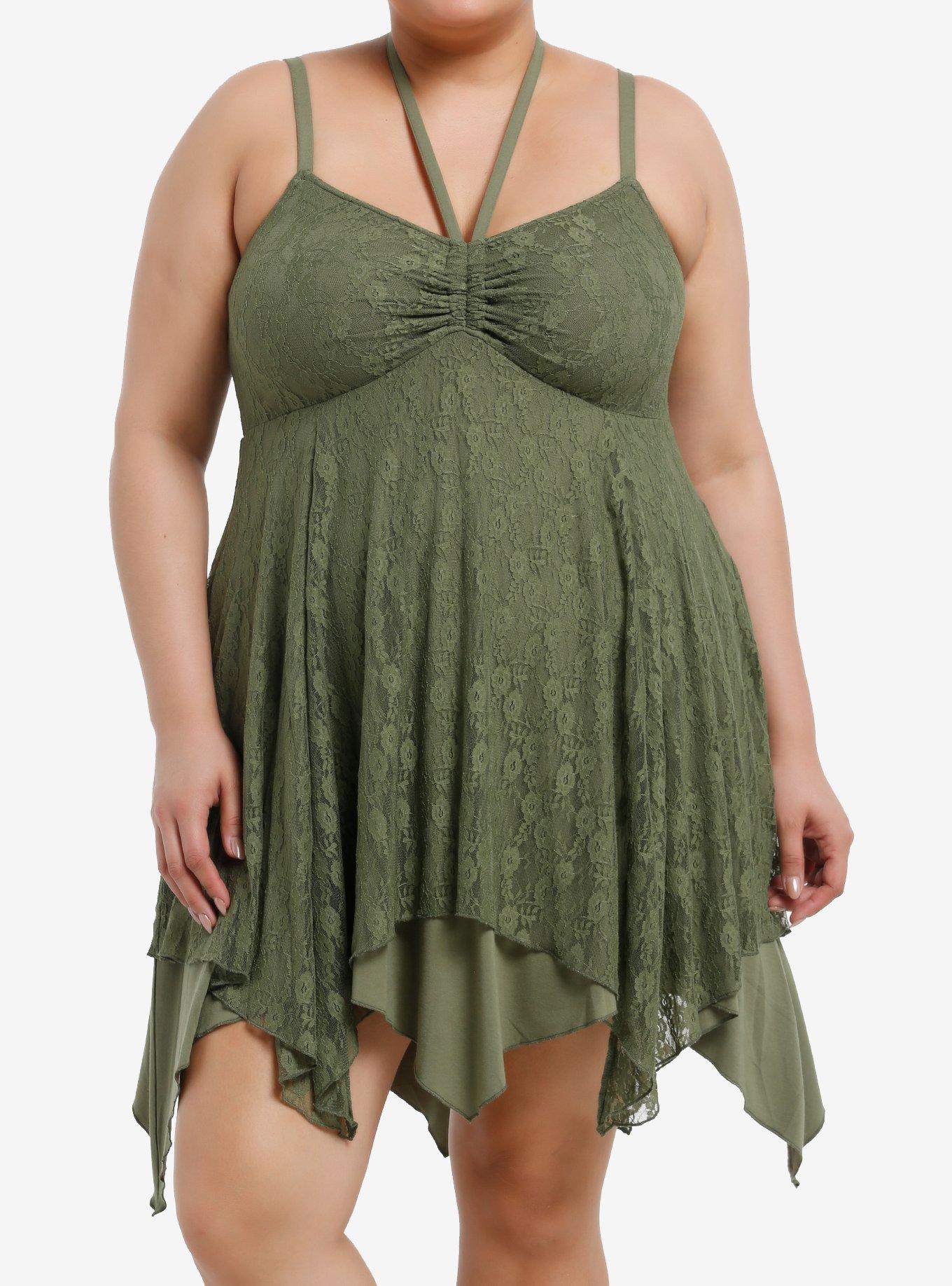 Thorn & Fable Green Lace Hanky Hem Halter Dress Plus Size, , hi-res