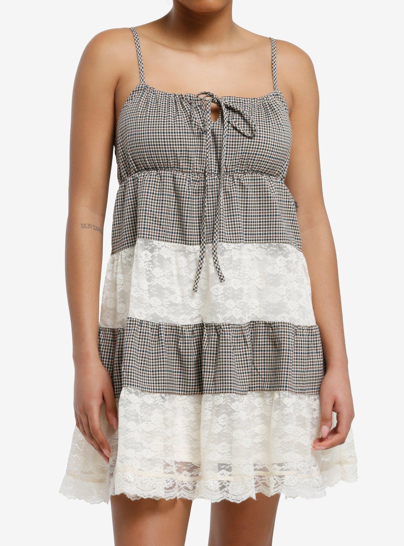 Thorn & Fable Brown Plaid & Lace Tiered Babydoll Dress, , hi-res