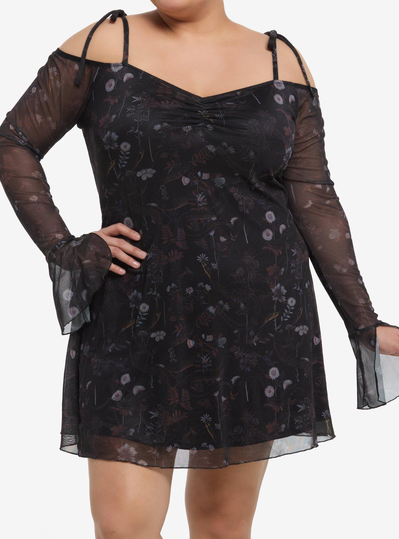 Cosmic Aura Snake Dark Floral Bell Sleeve Dress Plus Size, , hi-res