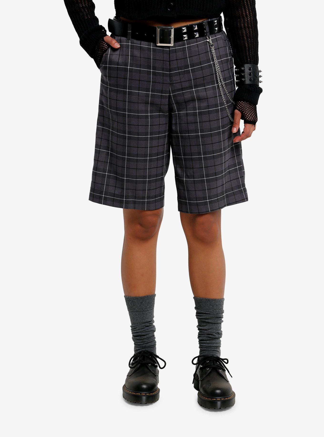 Grey Plaid Long Shorts, , hi-res