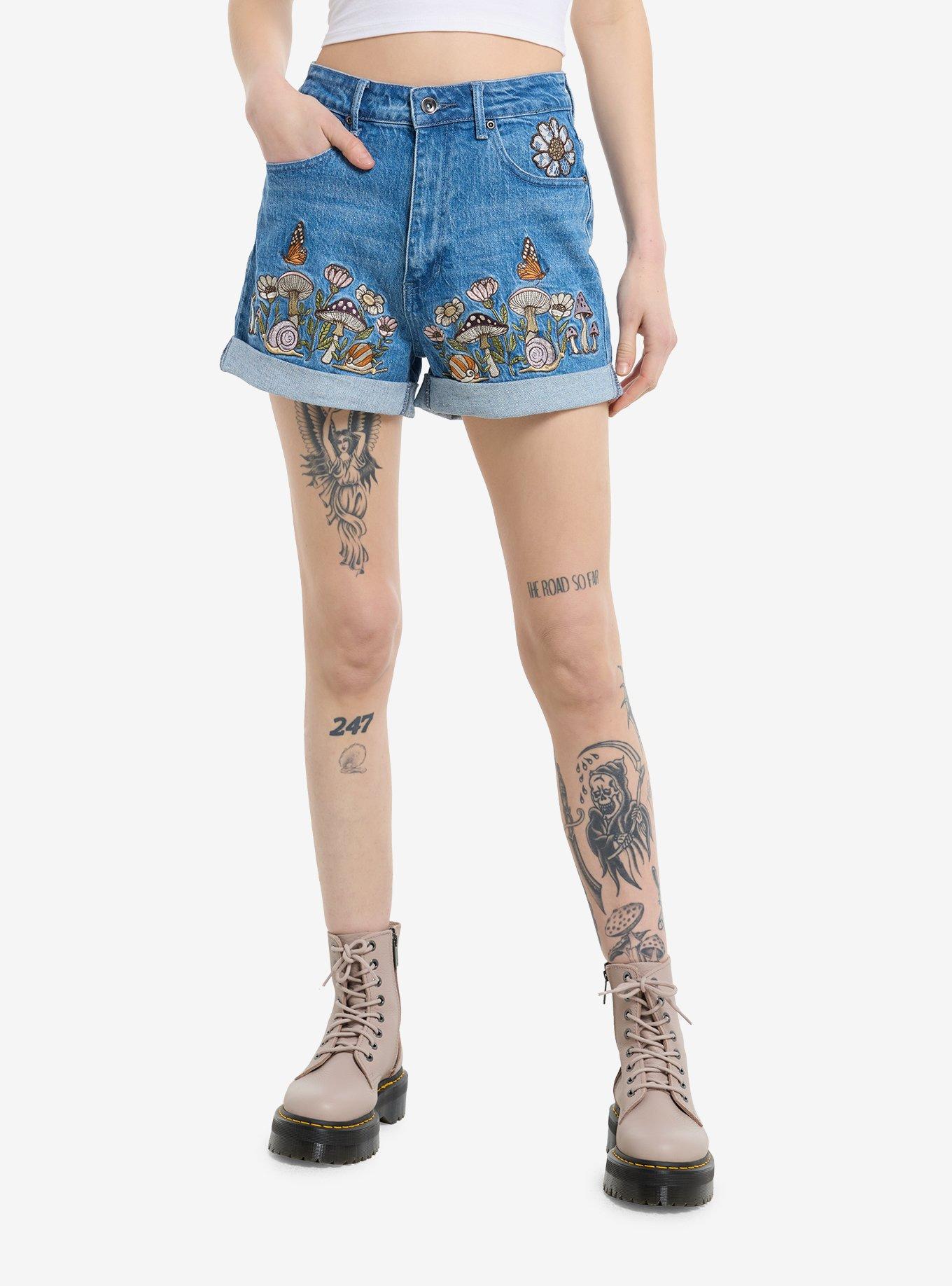 Mushroom Garden High-Rise Denim Mom Shorts, , hi-res