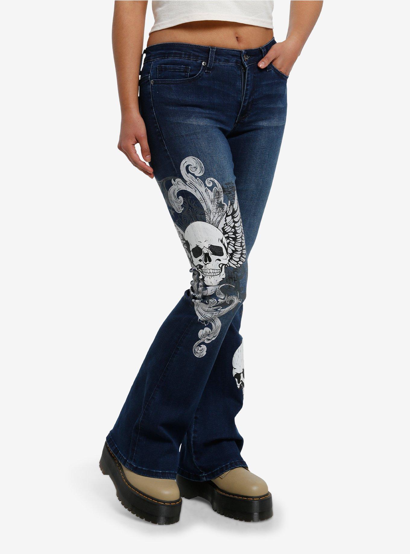 Indigo Winged Skull Low Rise Flare Jeans, , hi-res