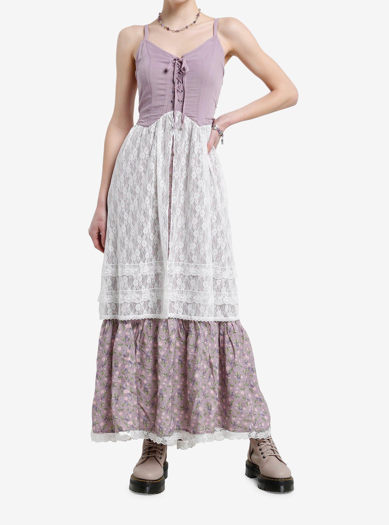 Thorn & Fable Lavender White Lace Floral Maxi Dress, , hi-res