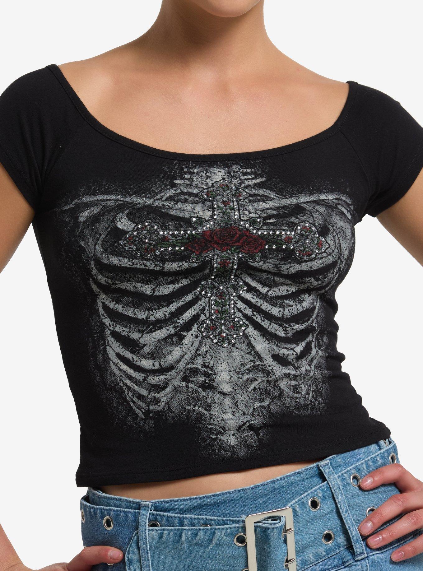Gothic Cross Rib Cage Off-The-Shoulder Girls Top, , hi-res