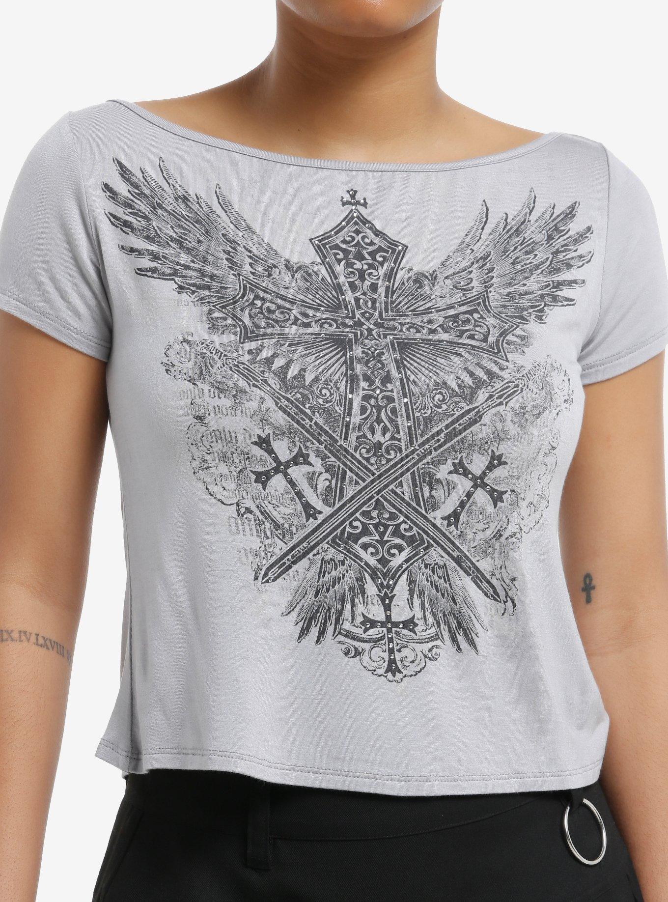 Winged Cross & Swords Rhinestone Grey Girls Top, , hi-res