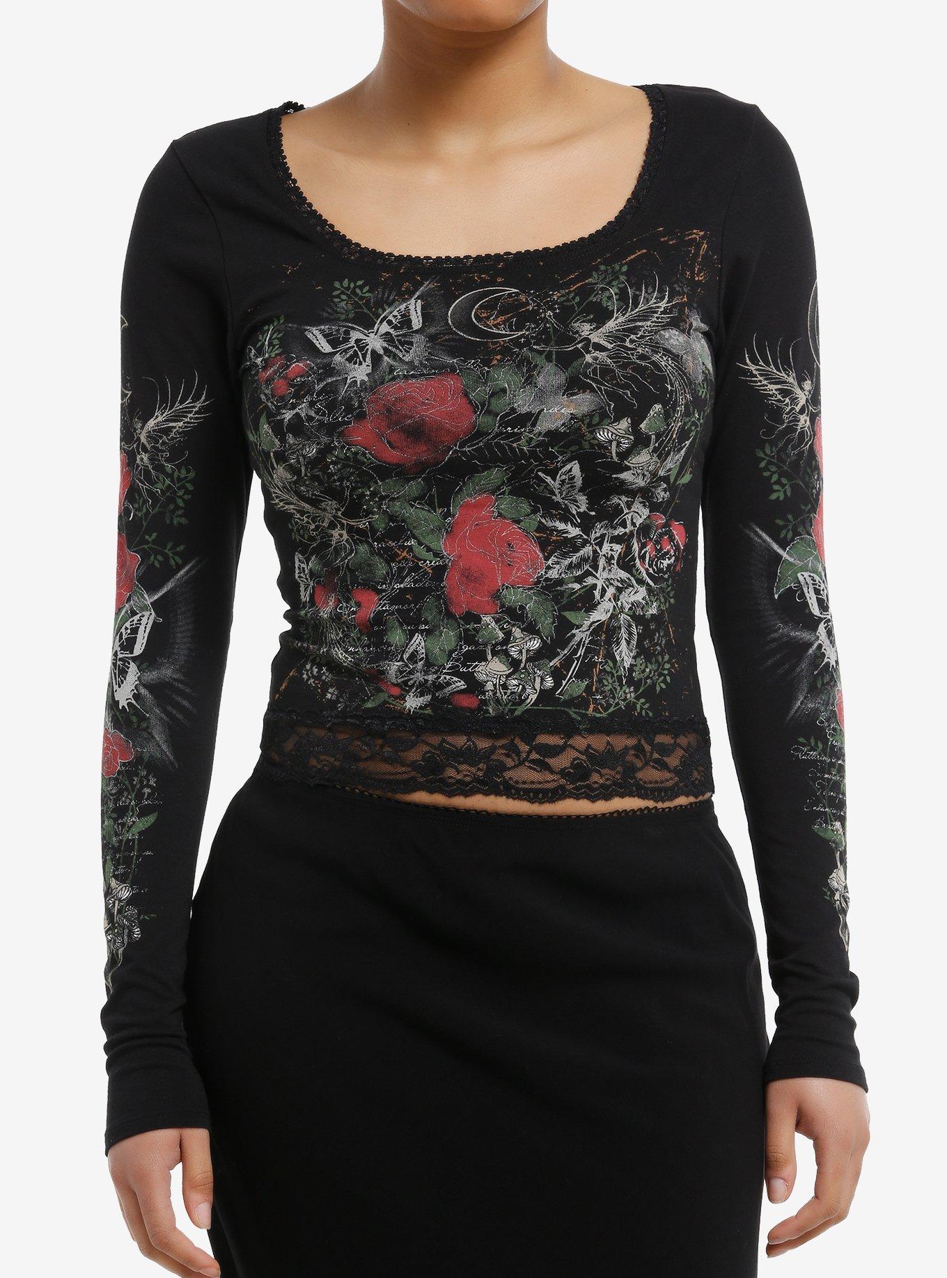 Fairies & Roses Lace Trim Girls Long-Sleeve Top, , hi-res