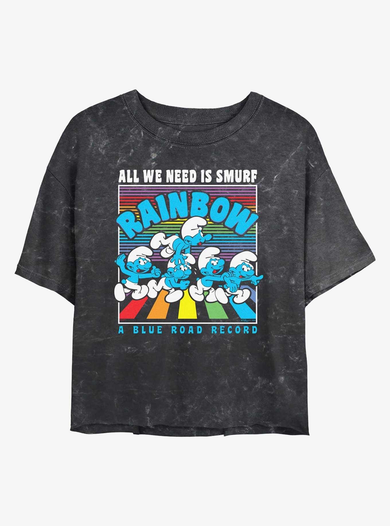 The Smurfs All We Need Is Smurf Mineral Wash Crop T-Shirt, BLACK, hi-res