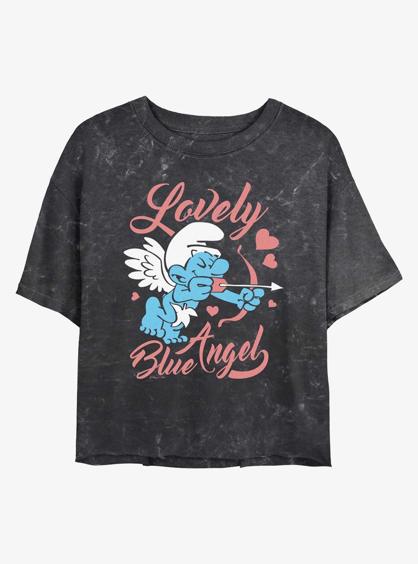The Smurfs Lovely Blue Angel Mineral Wash Girls Crop T-Shirt, BLACK, hi-res