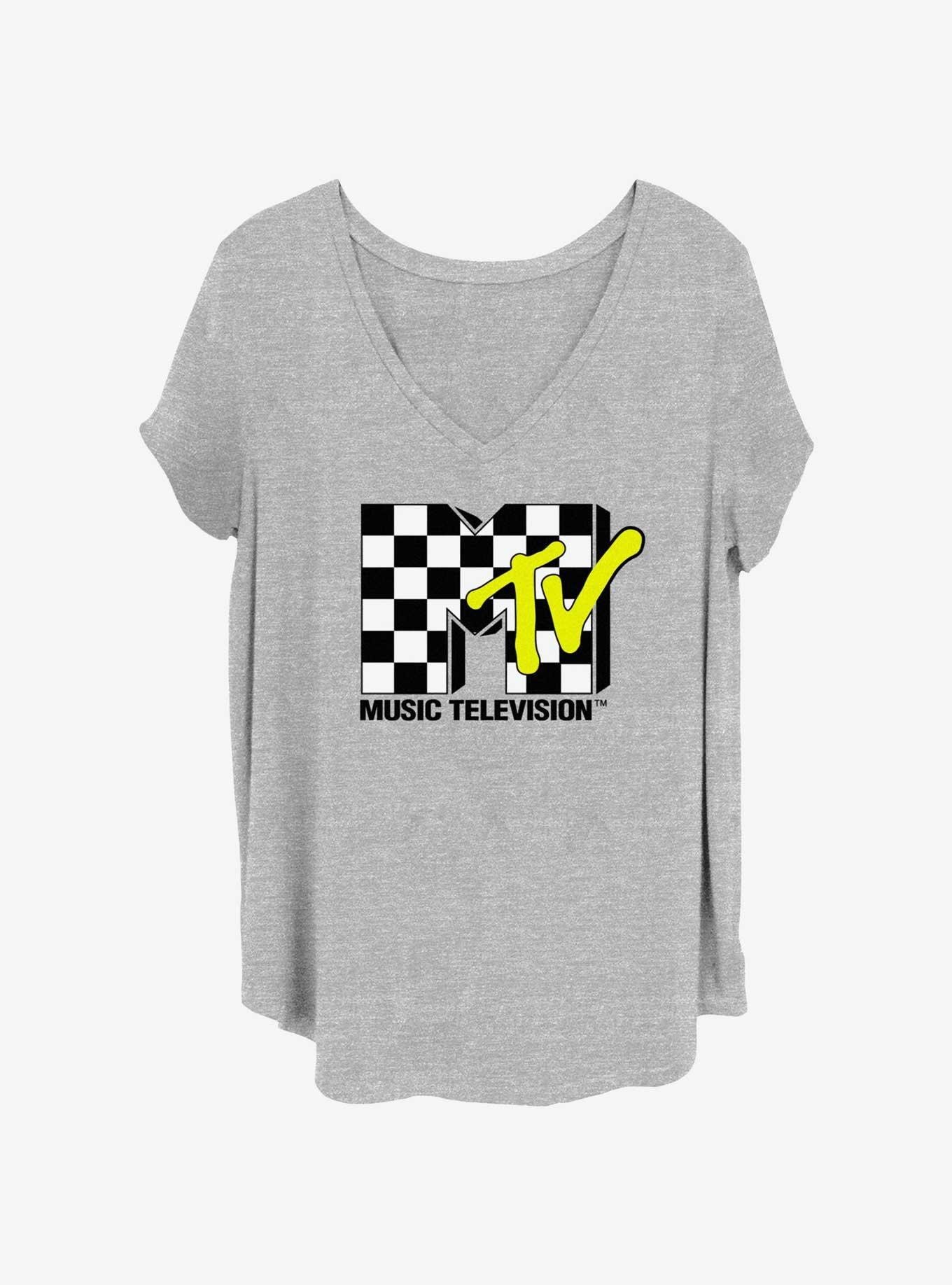 MTV Checkered Womens T-Shirt Plus Size, HEATHER GR, hi-res