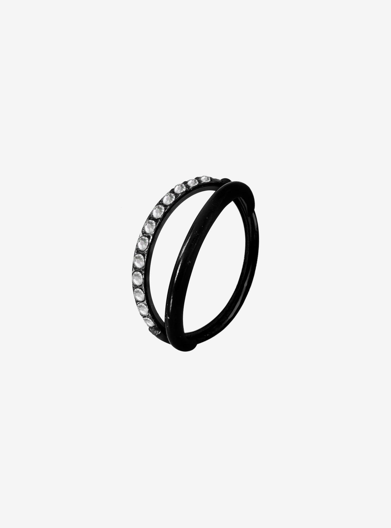 Steel Black CZ Gem Double Hoop Hinged Clicker, , hi-res