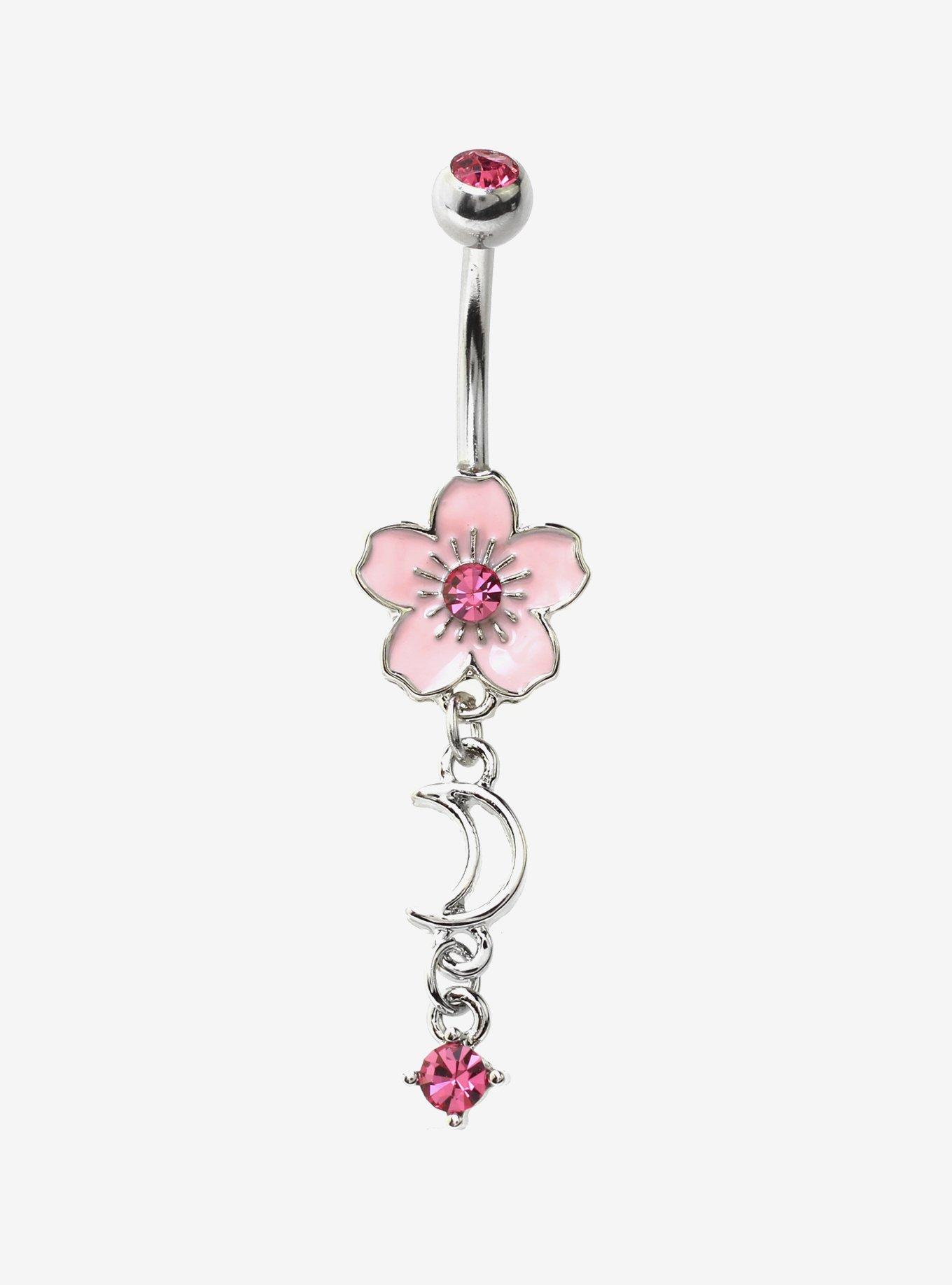14G Steel Silver Sakura Moon Navel Barbell