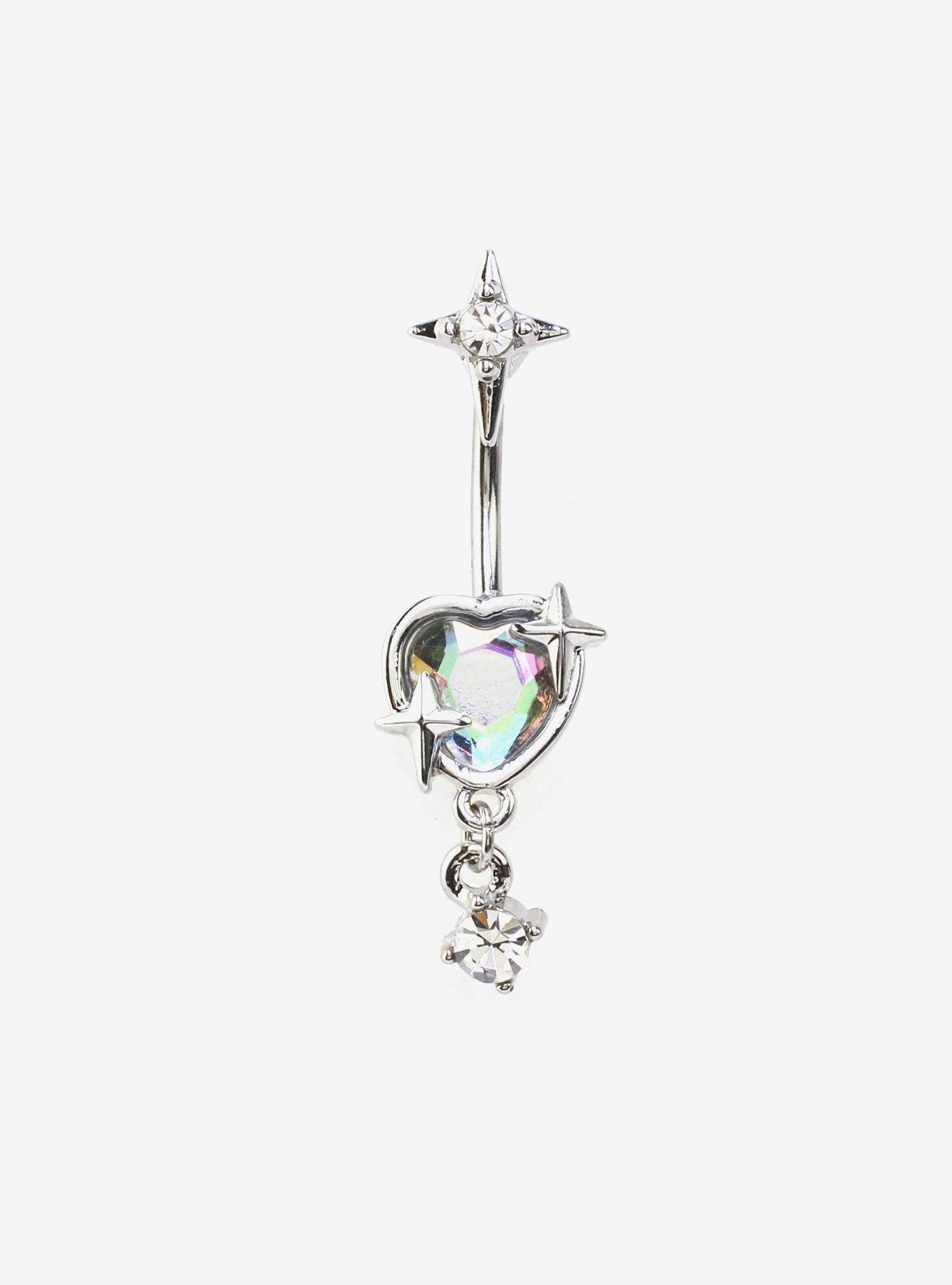 14G Steel Heart Star Bling Navel Barbell, , hi-res