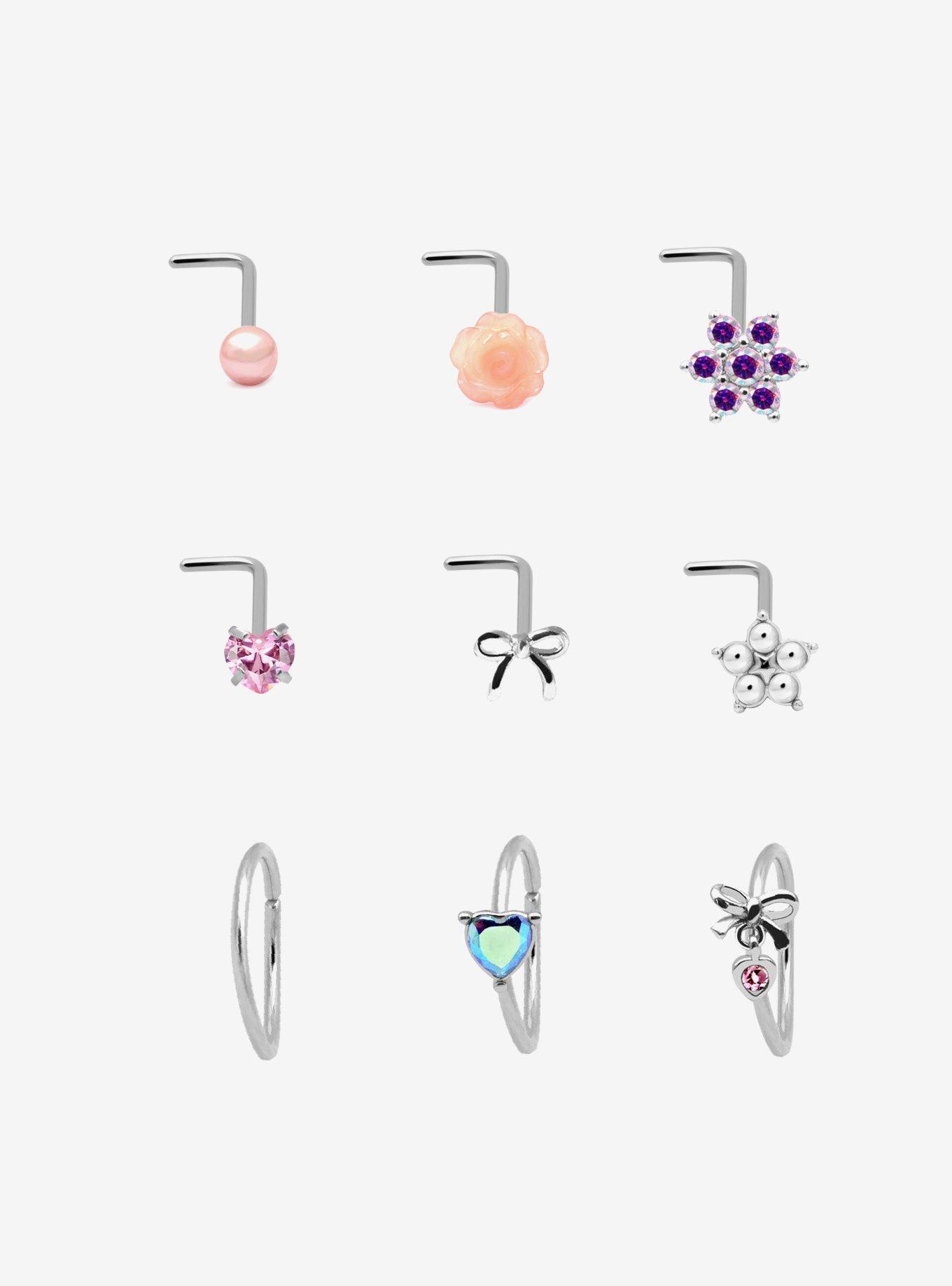 Steel Heart Bow Flower Nose Stud & Hoop 9 Pack, , hi-res