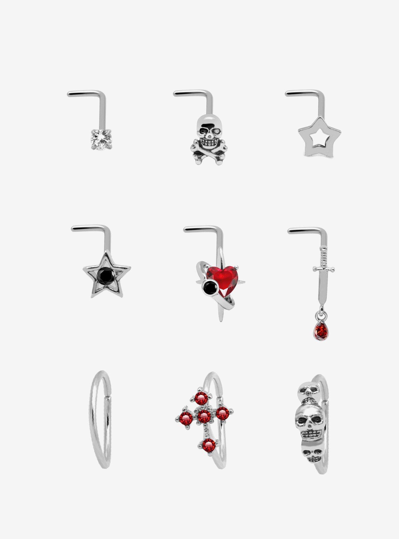 Steel Punk Skull Dagger Nose Stud & Hoop 9 Pack, , hi-res