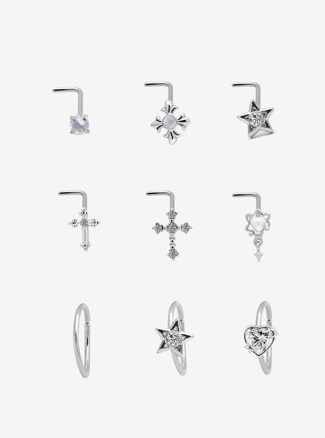 Steel Cross Star Heart Nose Stud & Hoop 9 Pack, , hi-res