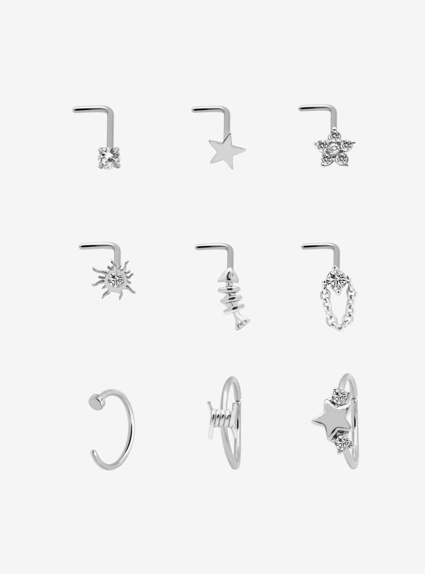 Steel Star Fishbone Nose Stud & Hoop 9 Pack, , hi-res