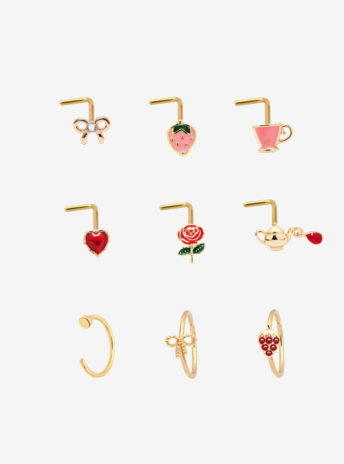 Steel Strawberry Tea Party Nose Stud & Hoop 9 Pack, MULTI, hi-res