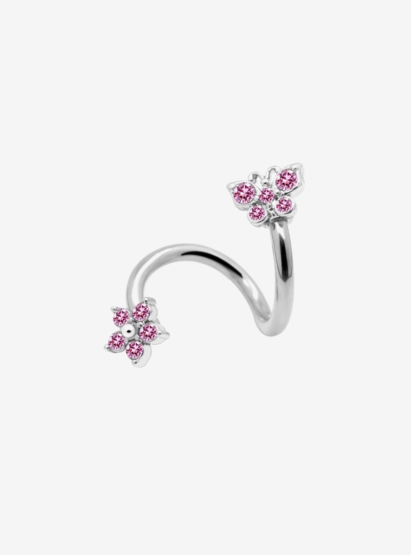 14G Steel Pink Butterfly Flower Twist Navel Barbell, , hi-res