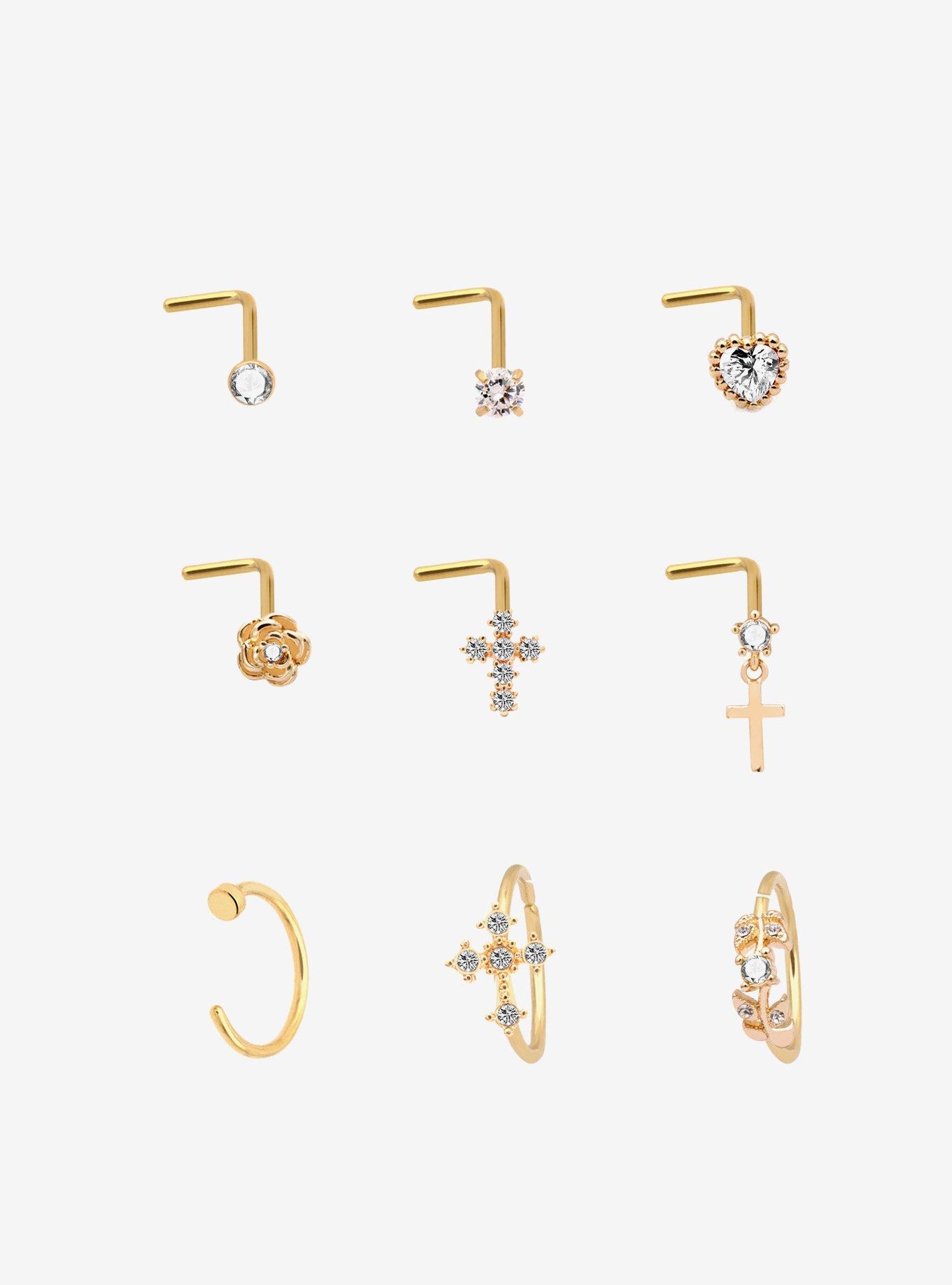 Steel Cross Floral Bling Nose Stud & Hoop 9 Pack, , hi-res