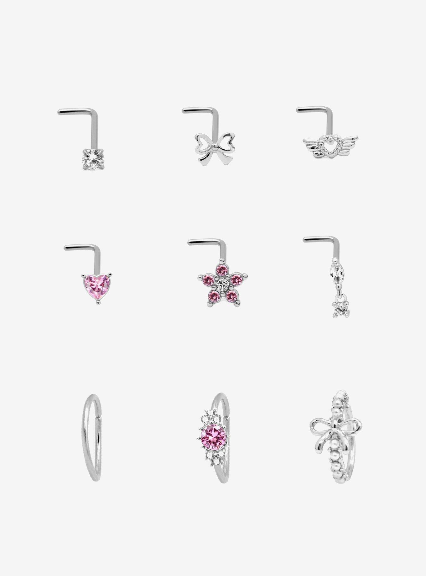 Steel Silver Heart & Bow Nose Stud & Hoop 9 Pack, , hi-res