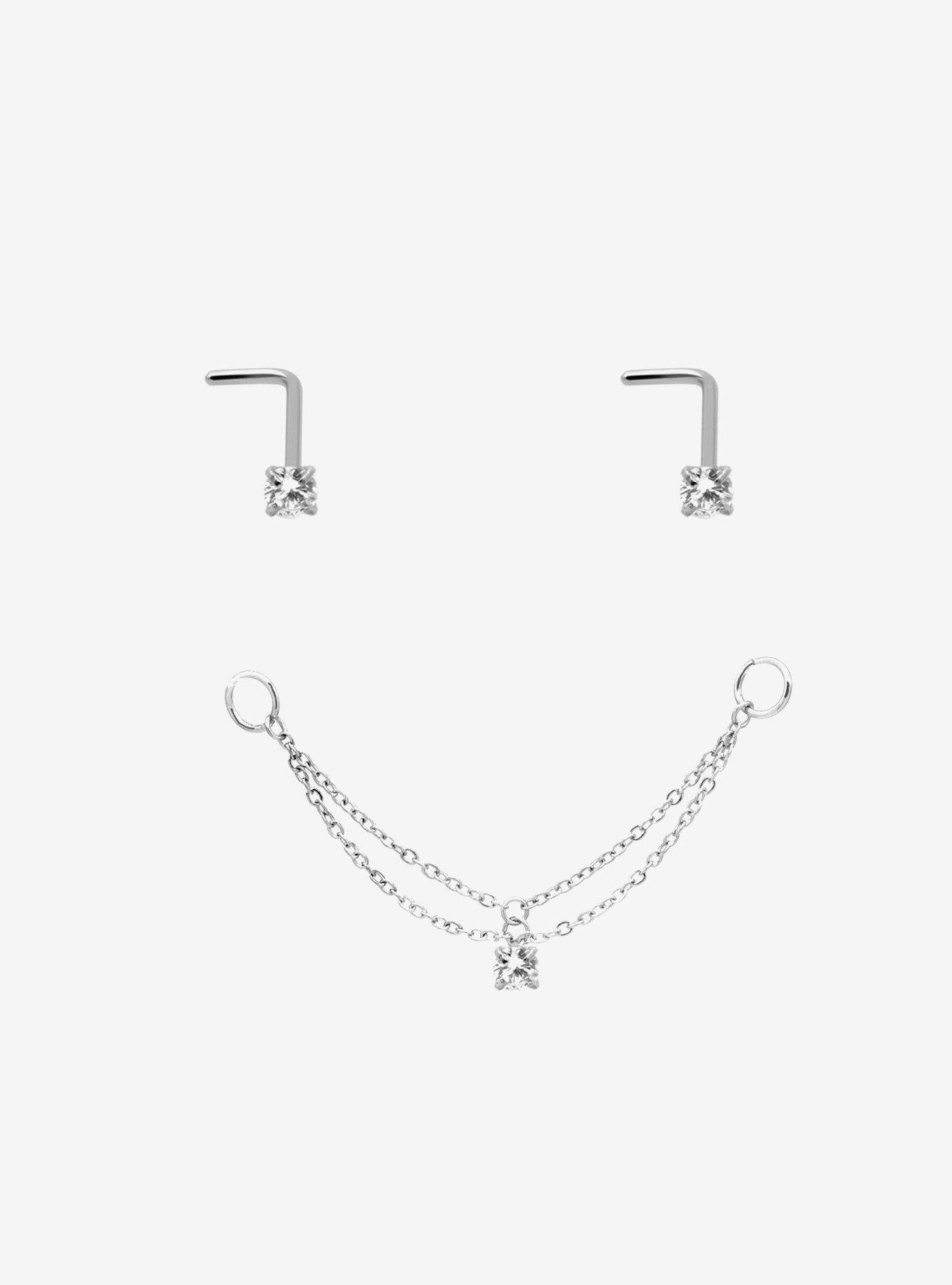 Steel Gem Nose Stud & Chain 3 Pack, , hi-res