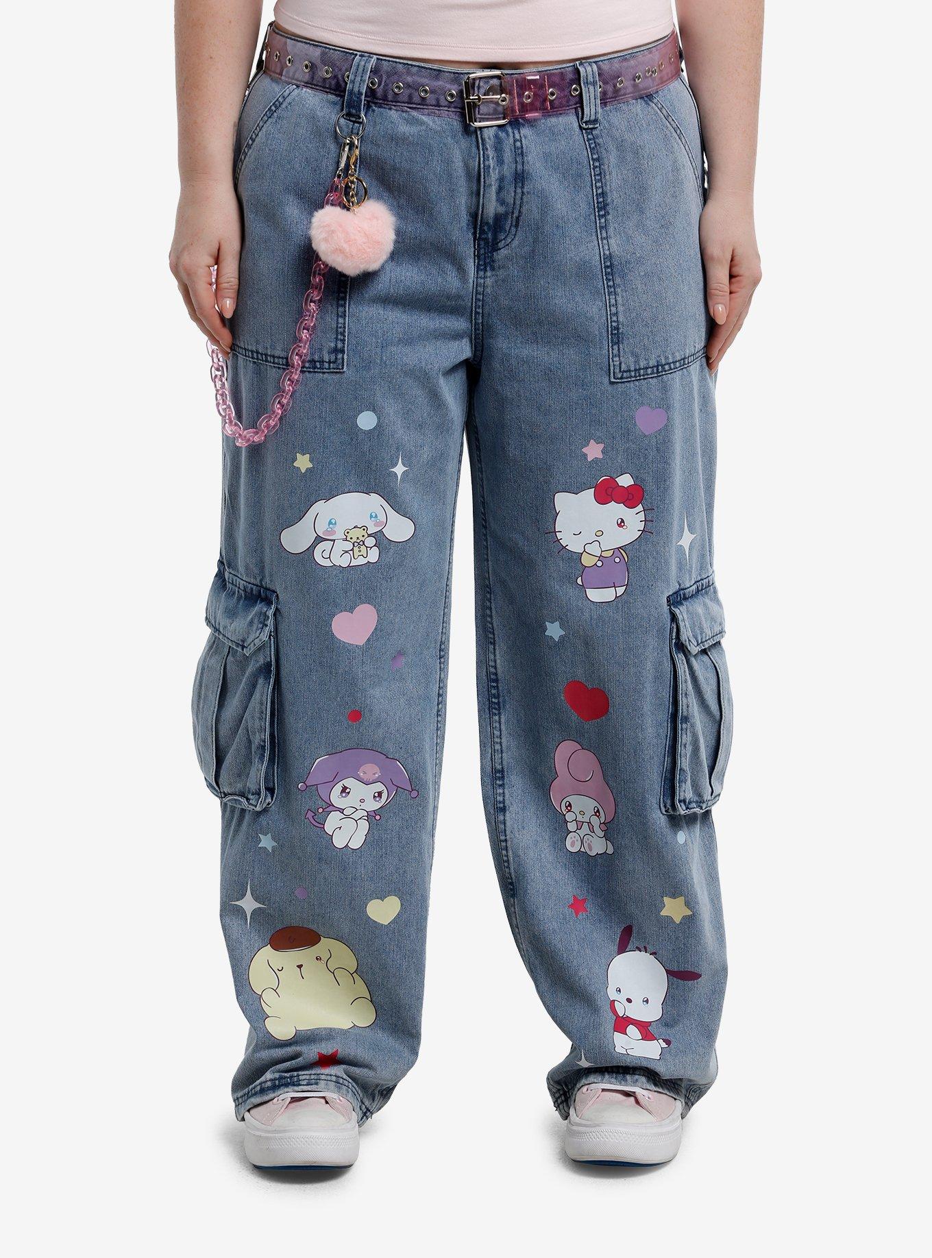 Hello Kitty And Friends Missing You Belted Cargo Jeans With Chain Plus Size, , hi-res