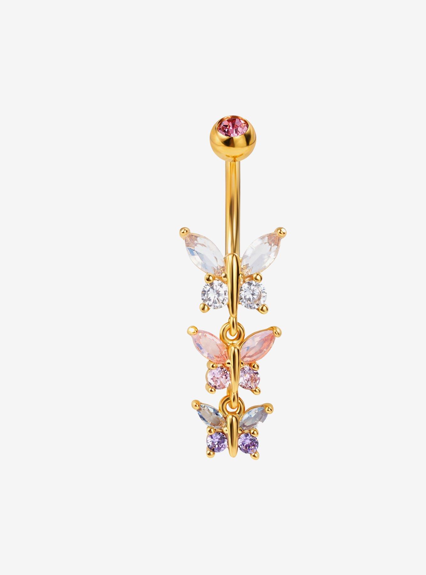 14G Steel Pink Opalite Butterfly Navel Barbell, , hi-res