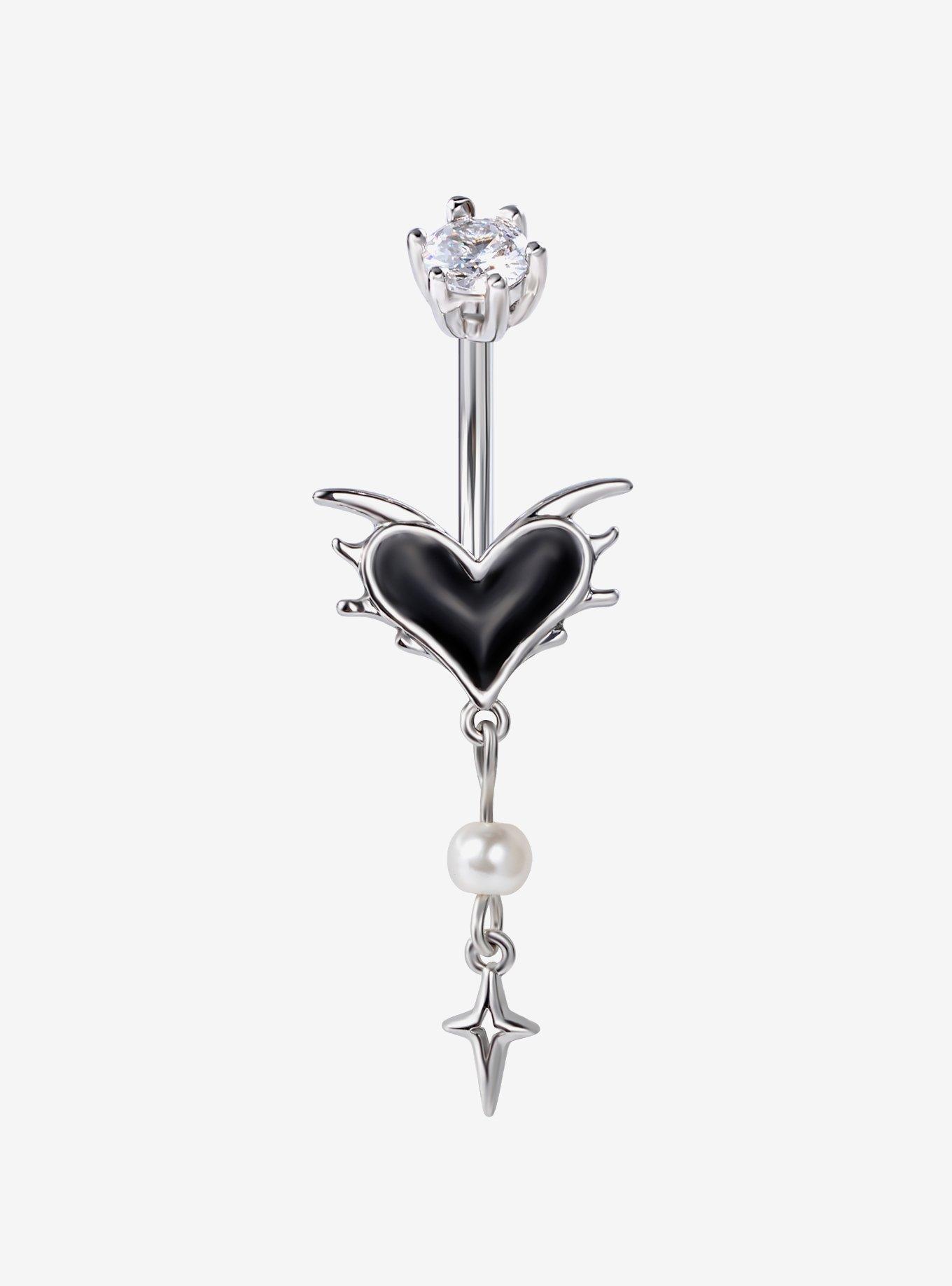 14G Steel Edgy Heart Pearl Navel Barbell, , hi-res