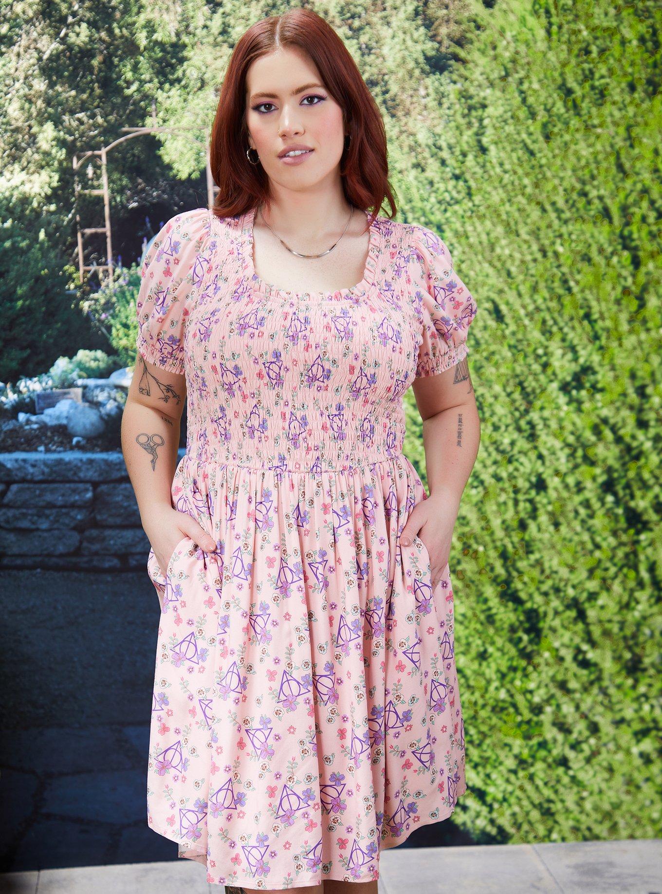 Harry Potter Deathly Hallows Floral Allover Print Smock Dress Plus Size, , hi-res