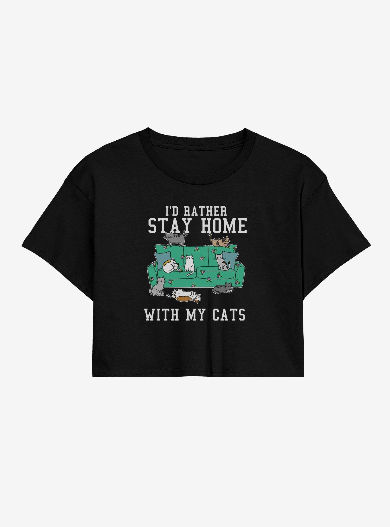 I'd Rather Stay Home With My Cats Girls Crop T-Shirt, BLACK, hi-res