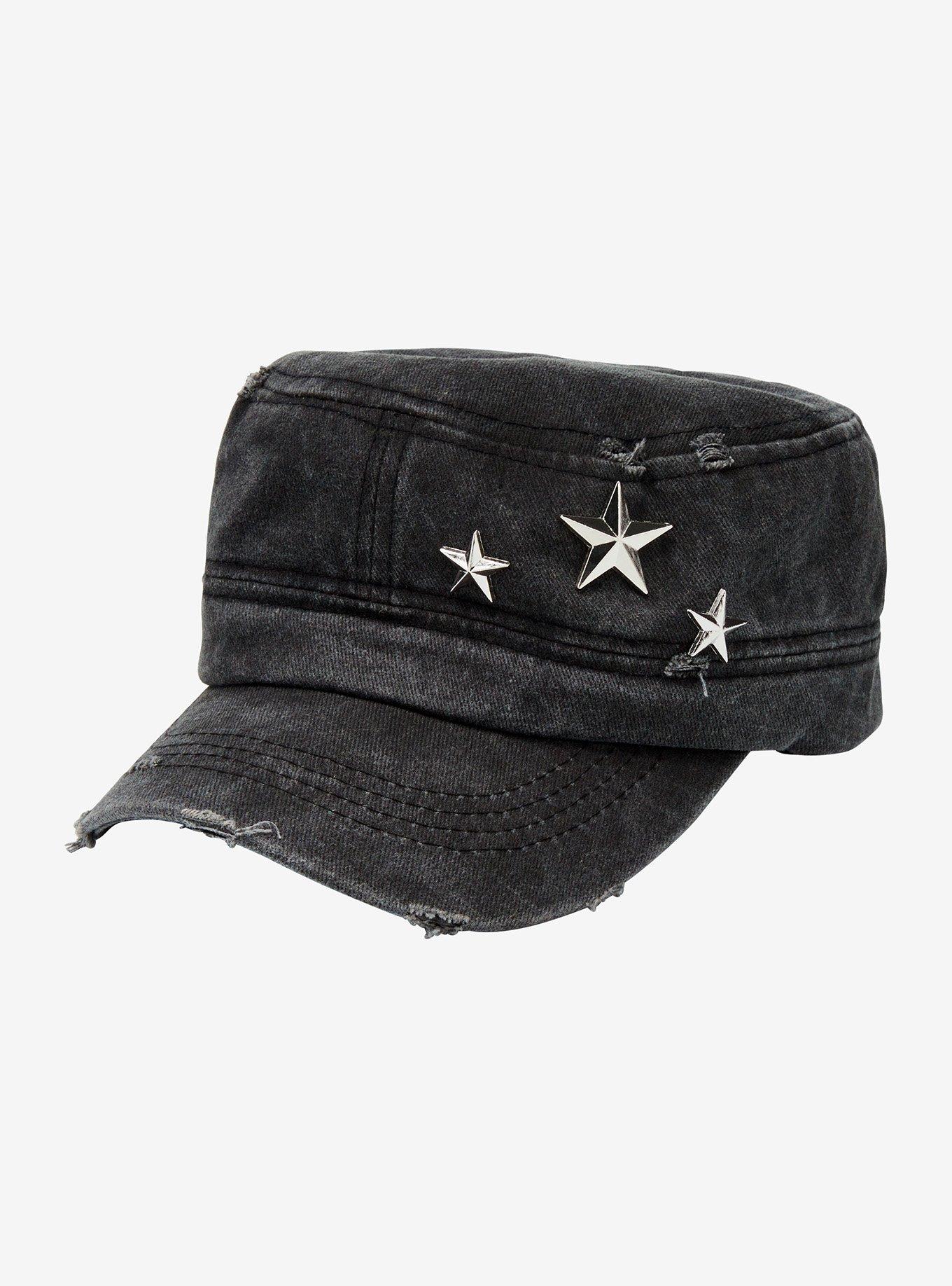 Black Distressed Star Stud Cadet Hat, , hi-res