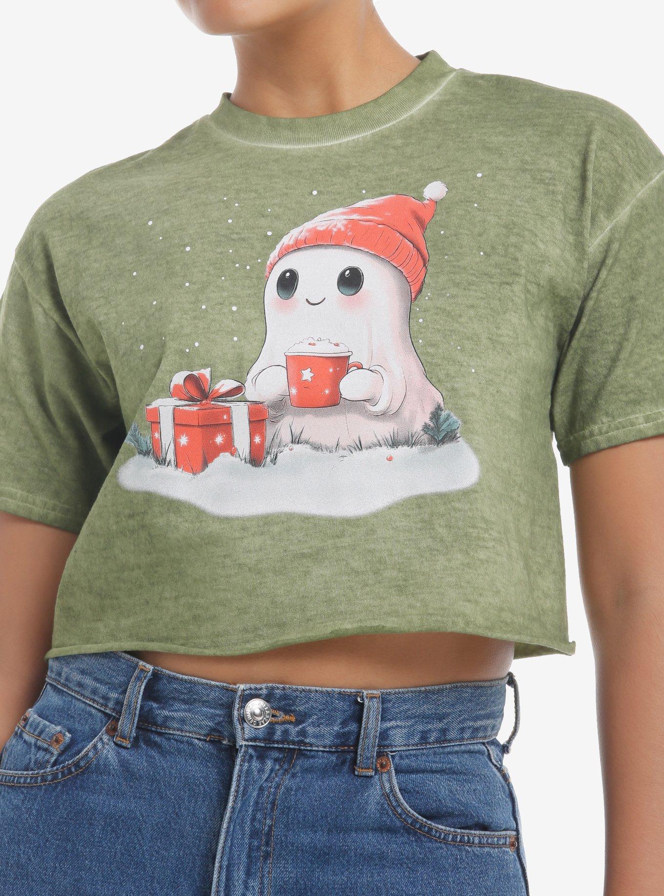 Beanie Ghost Drinking Coco Girls Crop T-Shirt, , hi-res