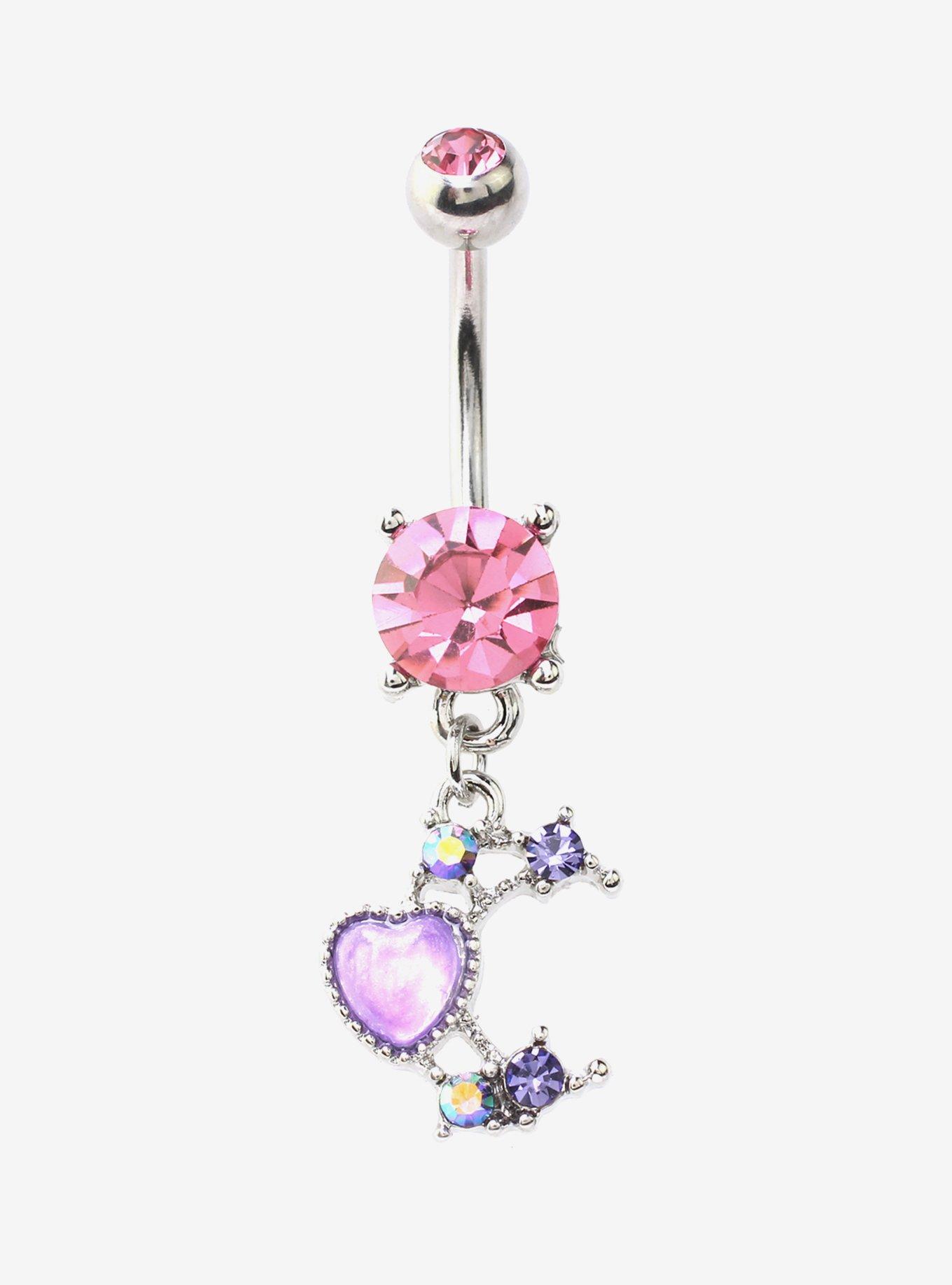 14G Steel Heart Pink & Purple Gem Navel Barbell, , hi-res