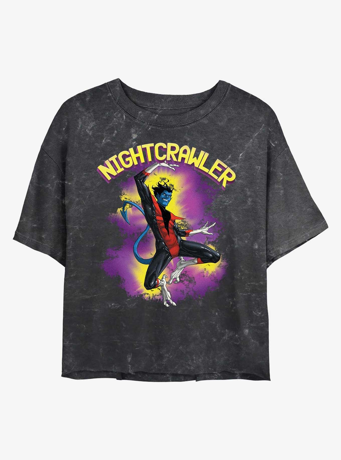 Marvel X-Men Nightcrawler Leap Womens Mineral Wash Crop T-Shirt, BLACK, hi-res