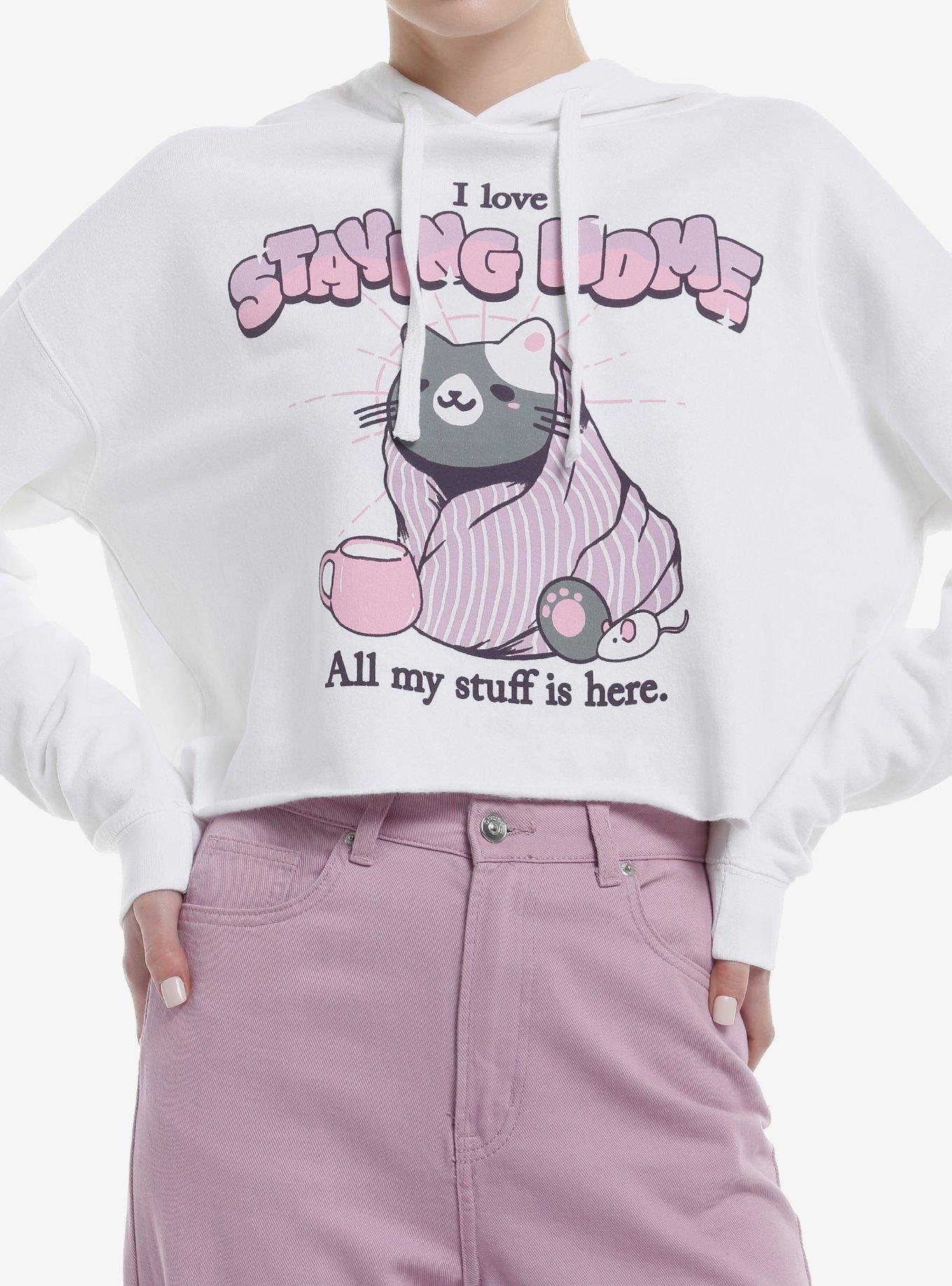 Staying Home Cat Crop Girls Hoodie, , hi-res