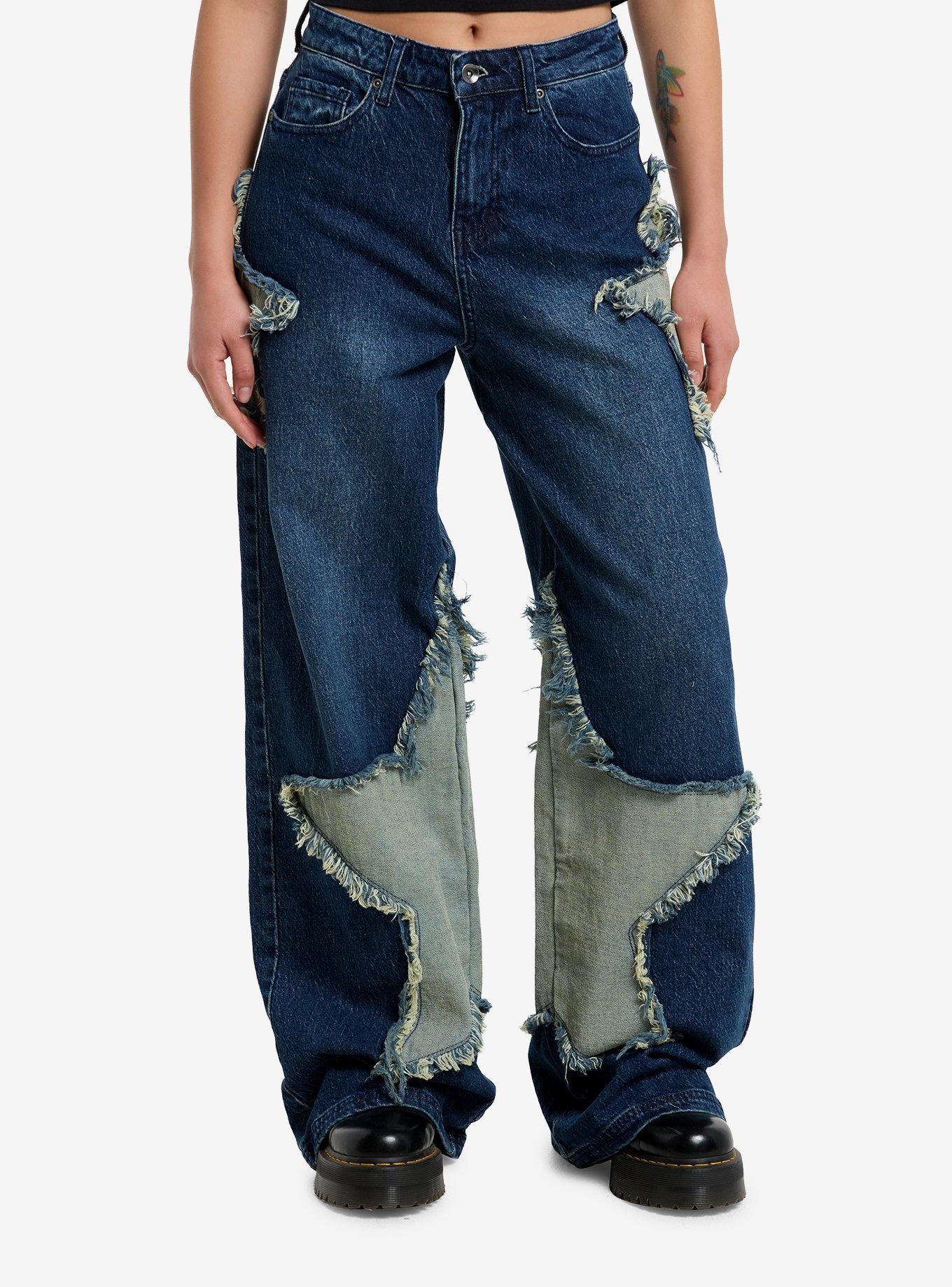 Dark Indigo Frayed Star Patch Wide Leg Jeans, , hi-res