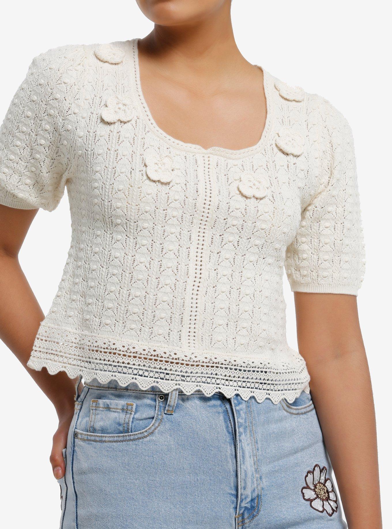 Thorn & Fable Ivory Flower Knit Girls Sweater Top, , hi-res