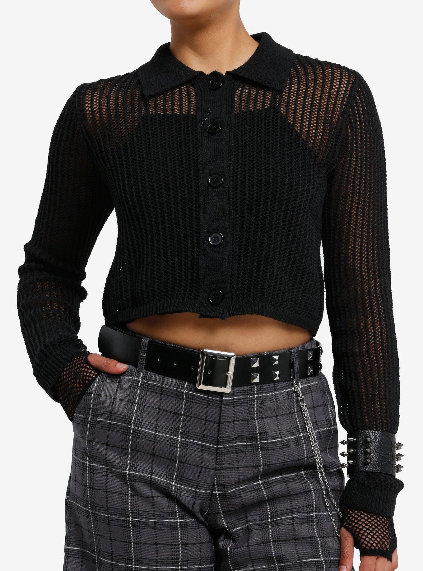Black Open Knit Collared Girls Crop Cardigan, , hi-res