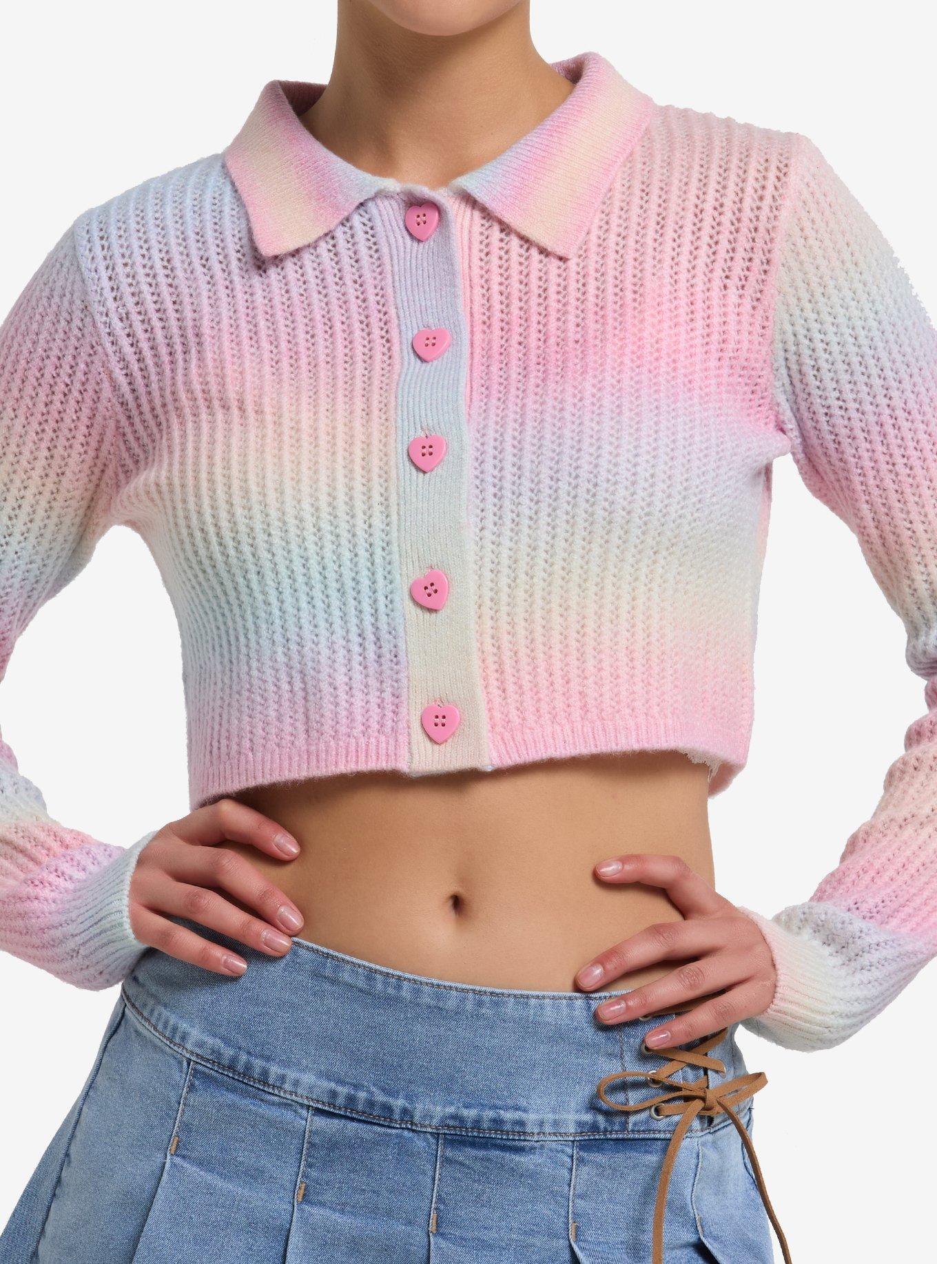Sweet Society Pastel Rainbow Open Knit Collared Girls Crop Cardigan, , hi-res