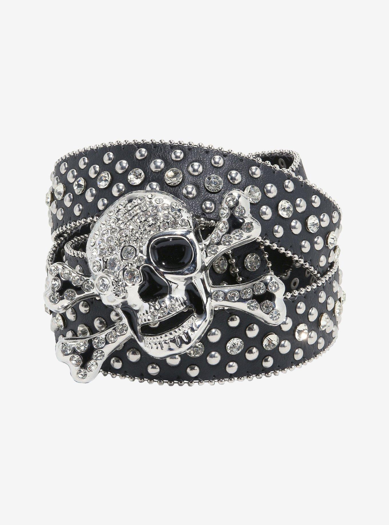 Black & Silver Bling Skull Buckle Belt, , hi-res