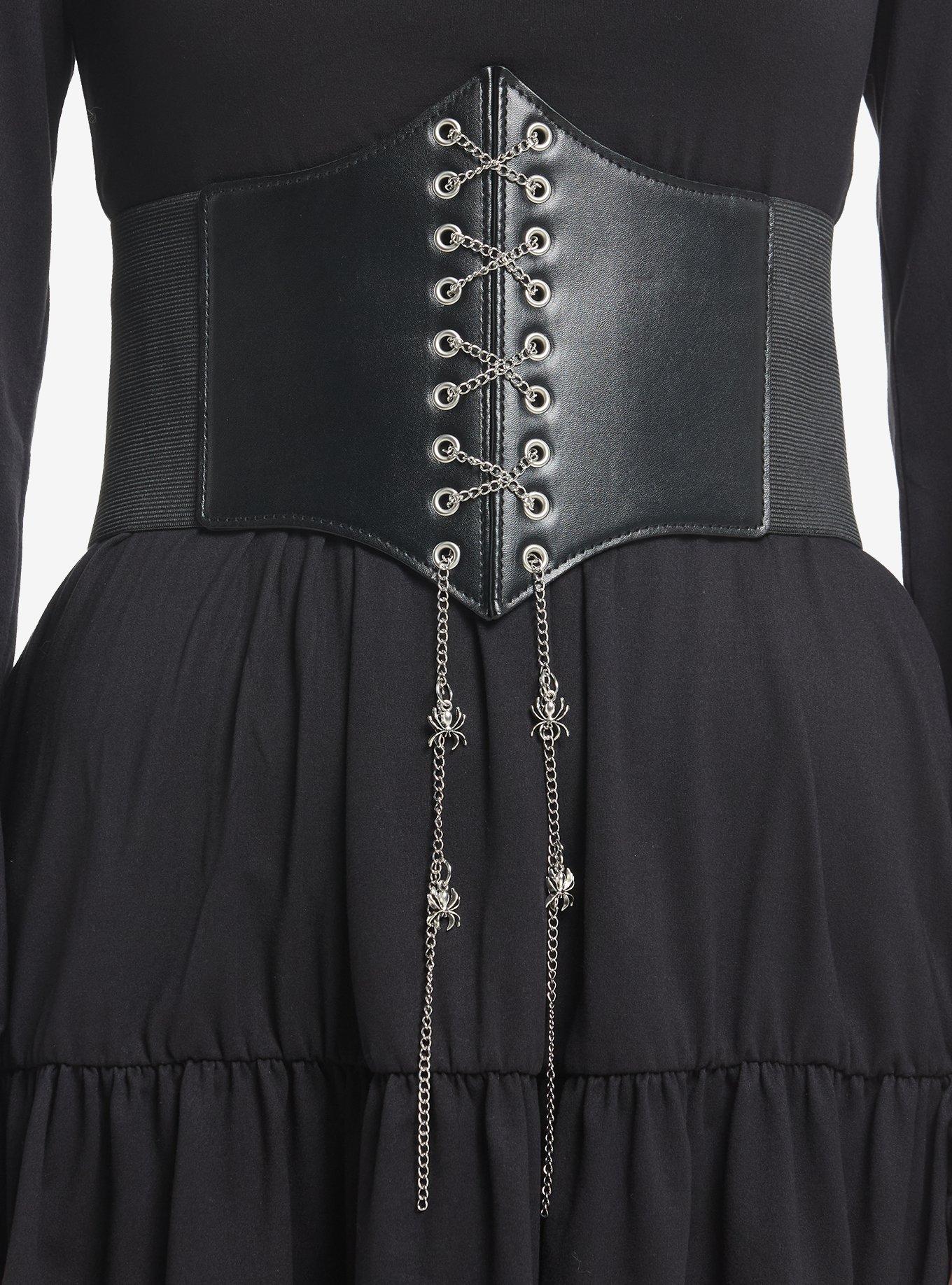 Black Spider Chain Lace-Up Corset Belt, , hi-res