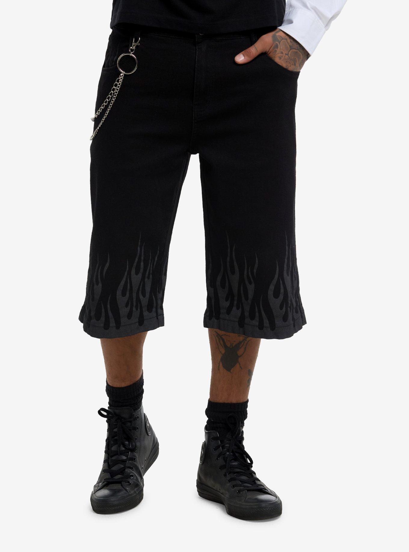 Black Denim Flame Side Chain Jorts, , hi-res