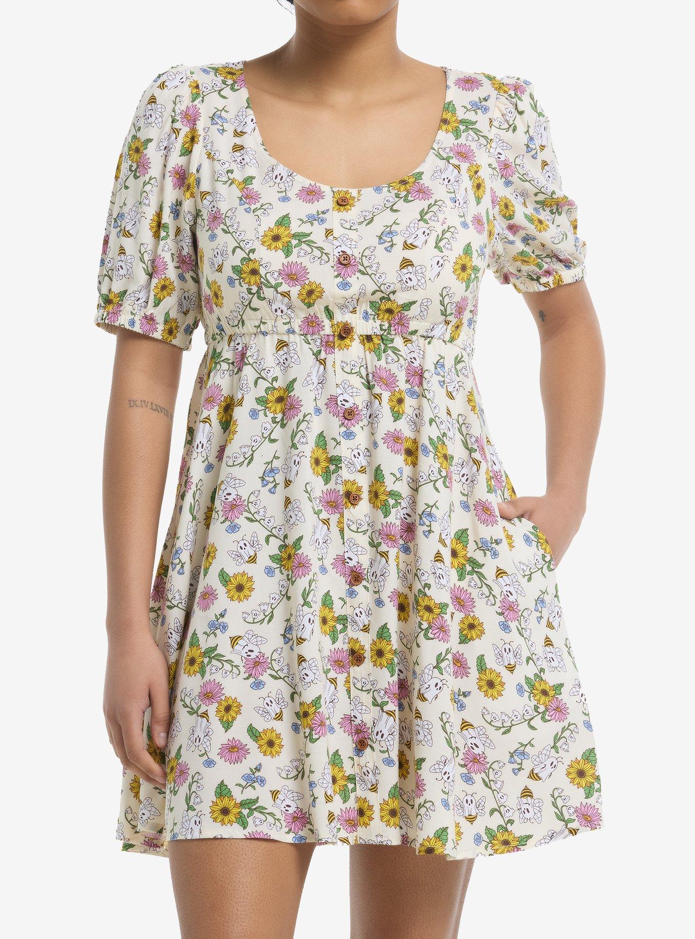 Thorn & Fable Ghost Bee & Flowers Babydoll Dress, , hi-res